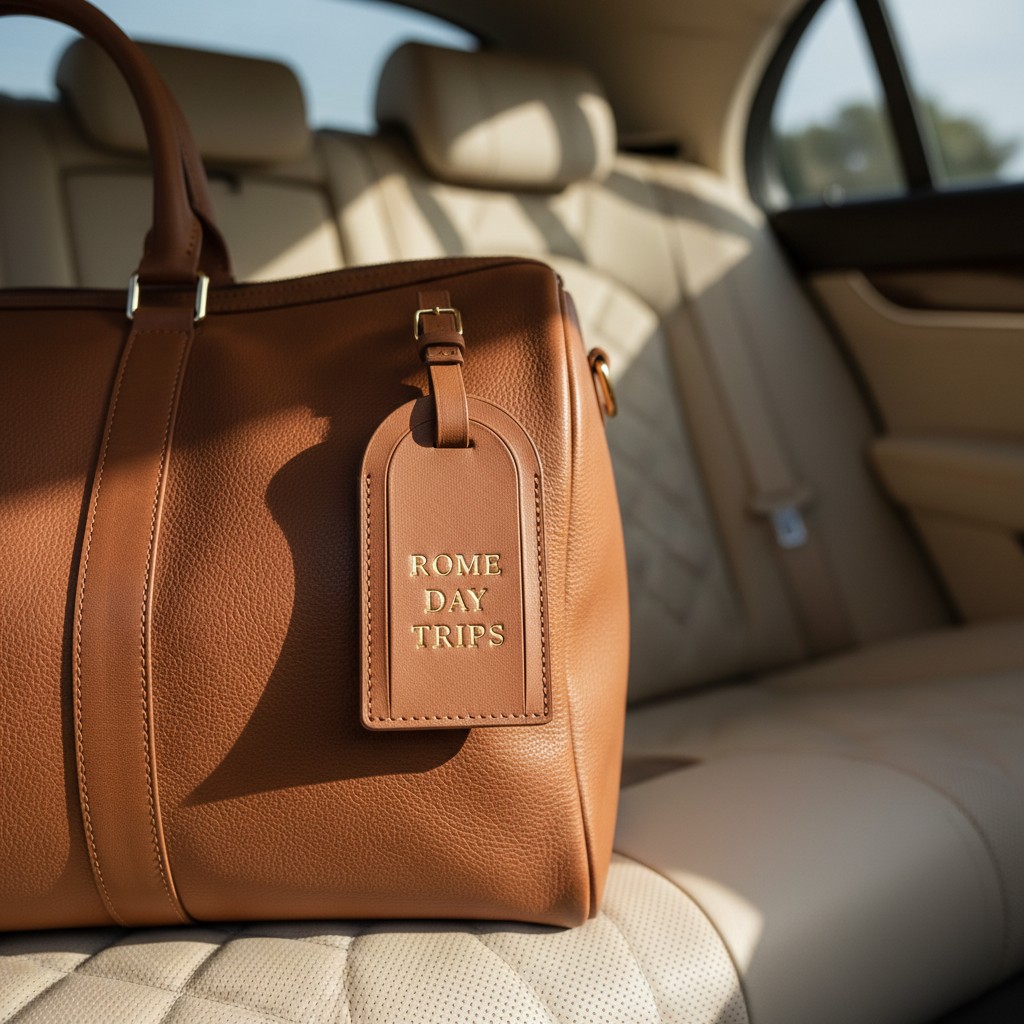 A brown leather bag sits in the back seat of a car. Luggage tag on the bag reads "ROME DAY TRIPS" in gold letters. A shado...