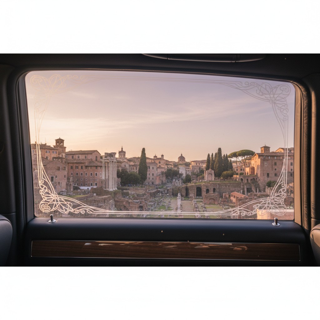 A photo taken from a car window of an ancient Roman cemetery. There is white decoration on the glass around the perimeter....